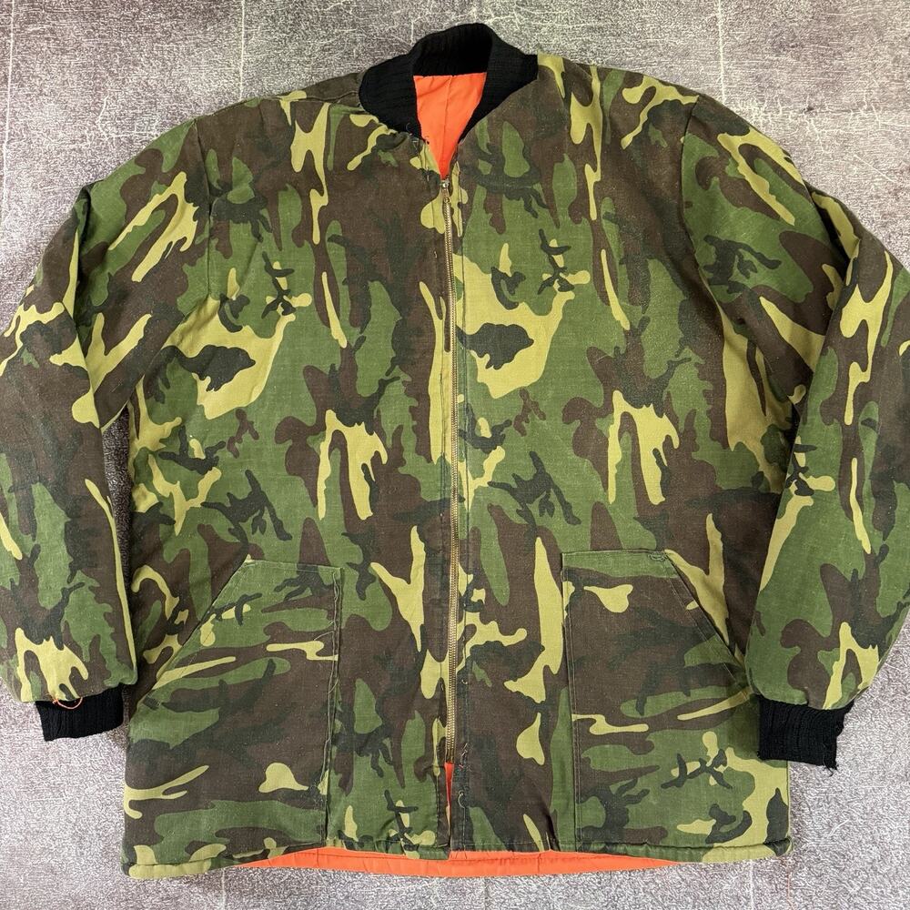 Men's Vintage 60s Talon Zipper Camo Orange Reversible Hunting Bomber Jacket Sz L
